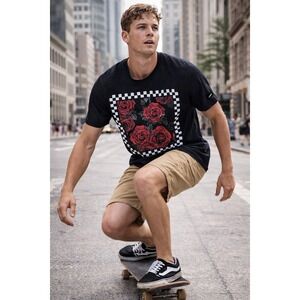 LCM International Mens Black Rose Graphic T-Shirt‎ Checkered Border Medium